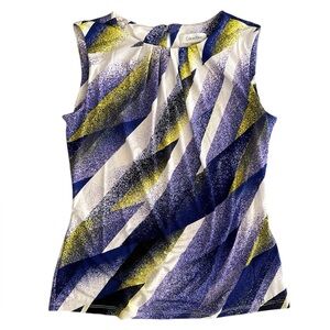 Calvin Klein Abstract Diagonal Print Sleeveless Top - Blue, White & Yellow